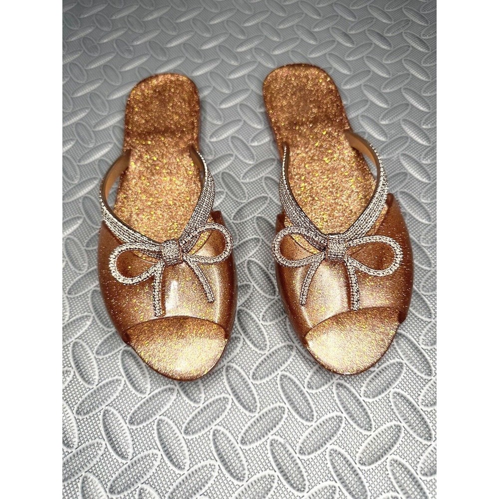 MELISSA Ela bow chrome glitter slide thong MELFLEX PVC Women's flat sandal Sz 8